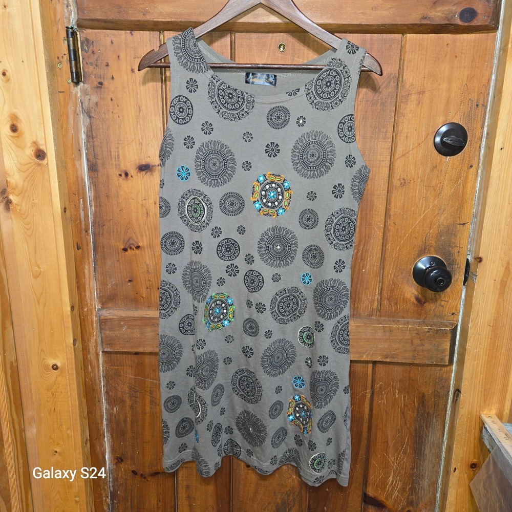 Tibetan Himalayan Gift Shop Wmns M Olive Green Cotton Mandala Embroidered Dress - Picture 3 of 5